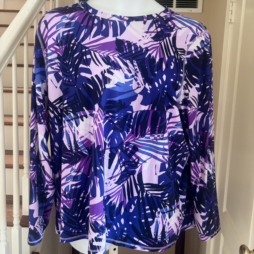NWT LL Bean Purple Tropical Print Sunsmart UPF 50 Sun Swim Shirt Womens 3X
